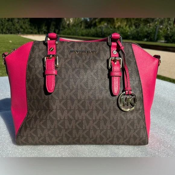 Michael Kors Ciara Large Satchel – Signature Logo Canvas & Hot Pink Leather - Picture 1 of 14